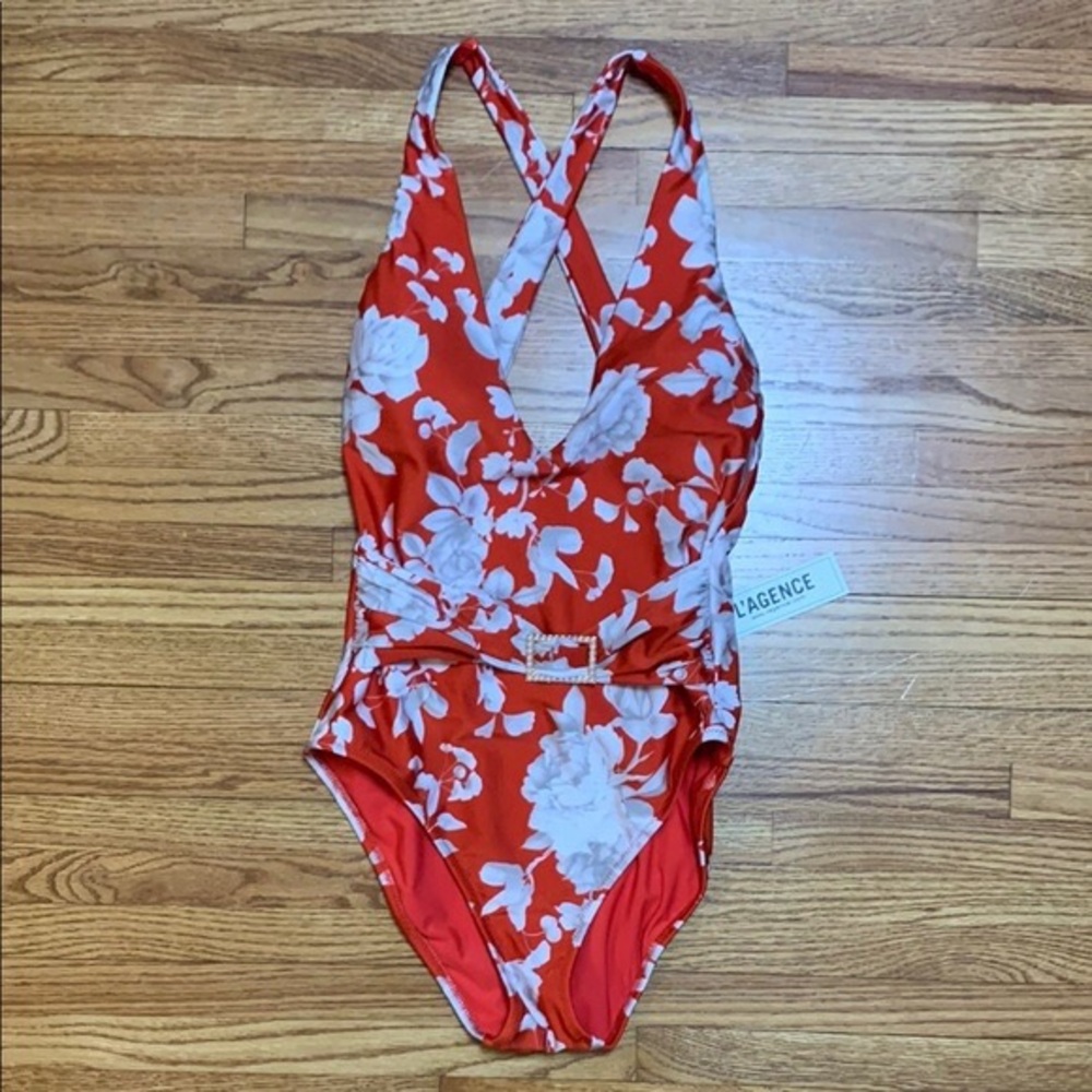 L’AGENCE swimsuit - v plunge one piece with sash band & pearl slider